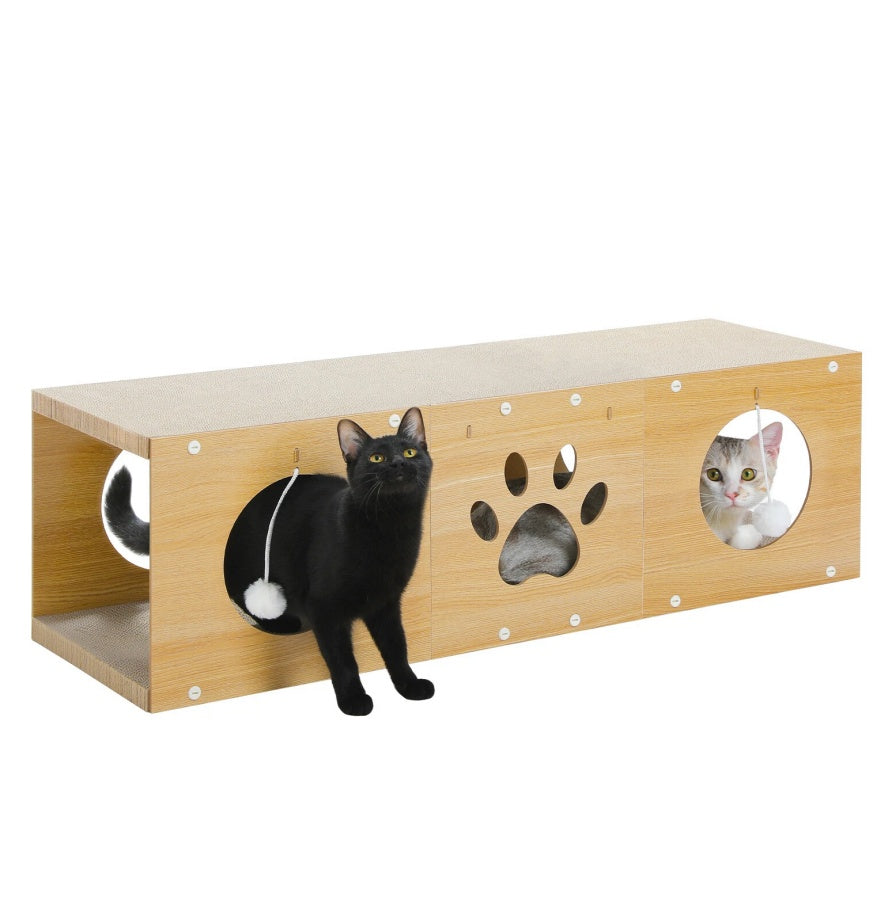 Wefulfil Multi-Hole Fun Cat Tunnel with wooden design and interactive toy balls for playful cats