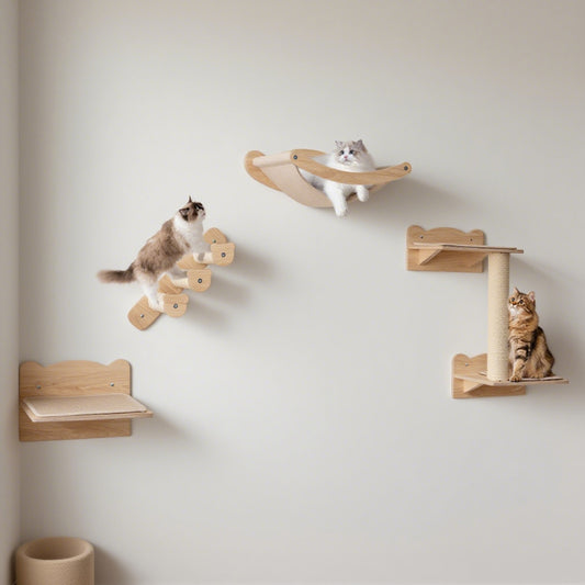 Wefulfil Cat Wall Furniture set with wooden shelves and hammock featuring three cats playing and resting