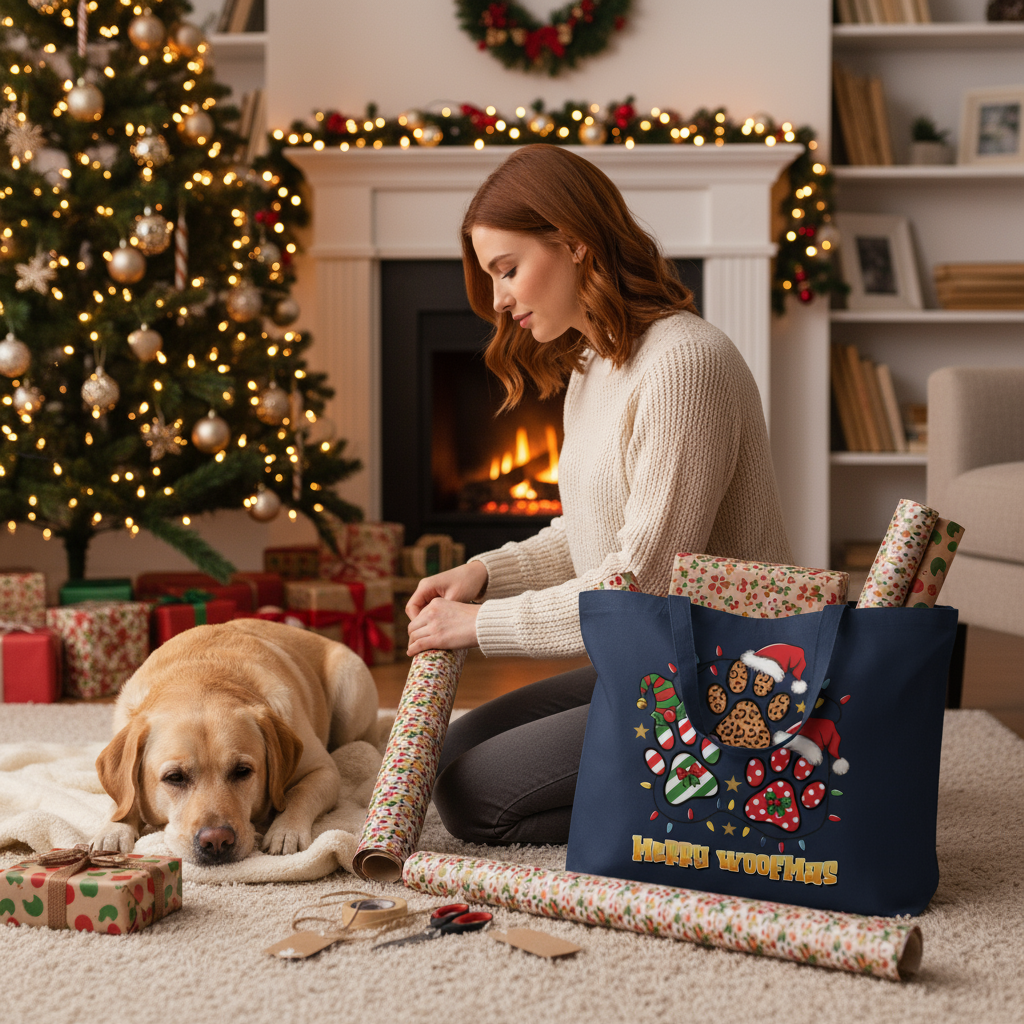 Navy Woofmas Tote Christmas Lifestyle