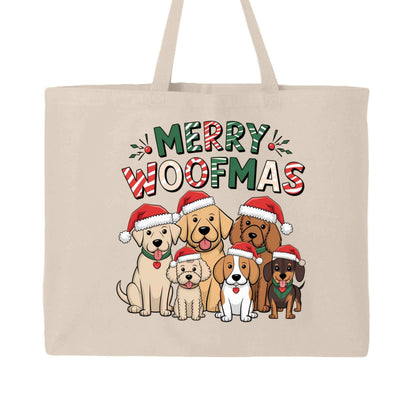 Merry Woofmas Holiday Tote with Festive Dogs - Canvas Gift Bag - Purrfect Pet Haven