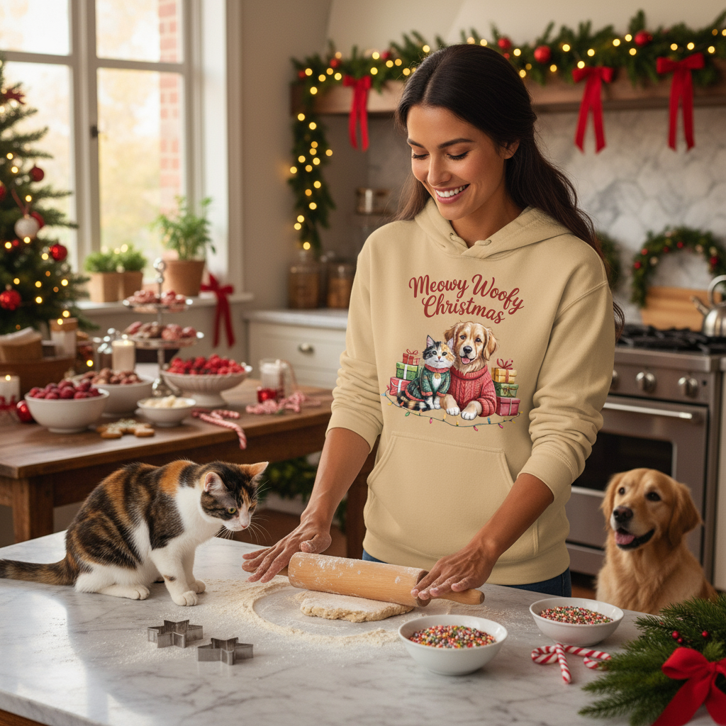 Old Gold Meowy Woofmas Hoodie Lifestyle