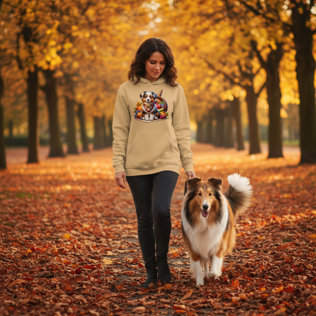 Old Gold Thanksgiving Collie Puppy Hoodie Lifestyle