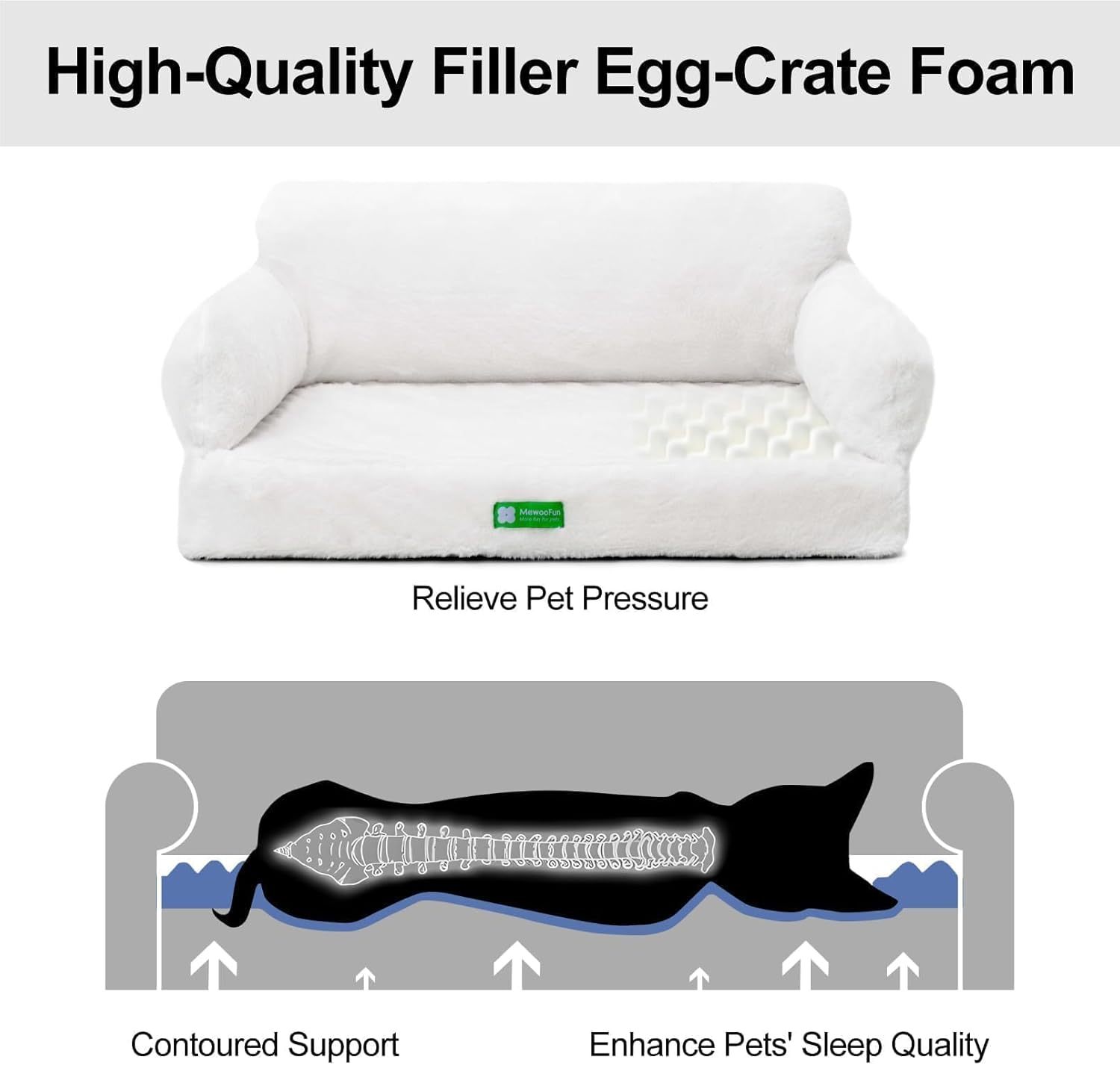 White orthopedic egg foam sofa for pets with contoured support and pressure relief features