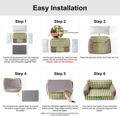 Step-by-step easy installation guide for Orthopedic Egg Foam Sofa pet bed with cover, pillows, and foam