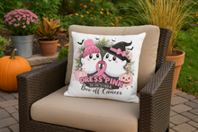 Outdoor garden patio with breast cancer awareness Halloween pillow