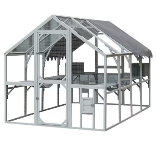 Wefulfil Large Cat House Enclosure outdoor wooden frame catio with ramps shelves and mesh