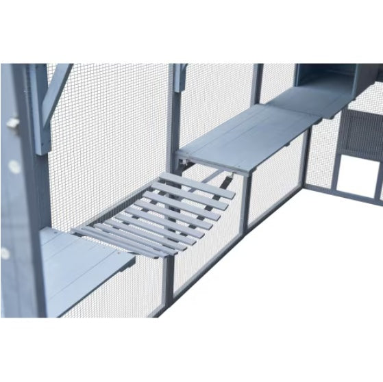 Wefulfil Large Cat House Enclosure interior showing gray wooden platforms ramps a slatted bridge and mesh sides