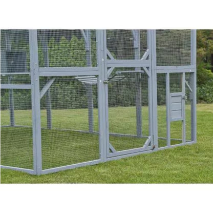 Wefulfil Large Cat House Enclosure outdoor gray framed mesh cat run with door and small cat flap on lawn