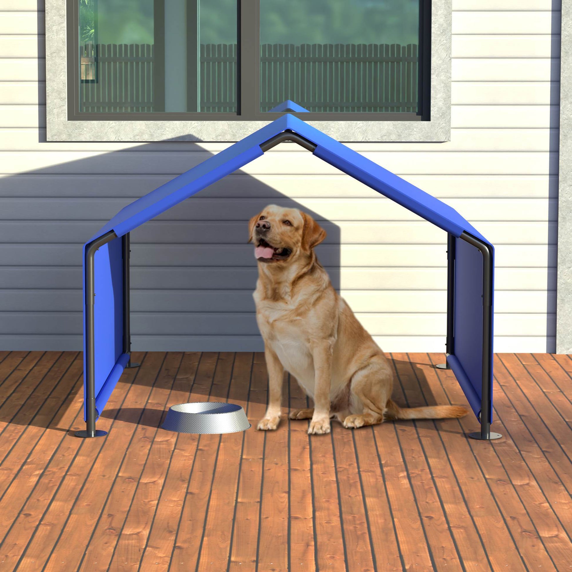 Wefulfil Outdoor Waterproof Dog Shade providing shelter for a sitting golden retriever on wooden deck