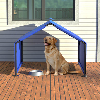 Wefulfil Outdoor Waterproof Dog Shade providing shelter for a sitting golden retriever on wooden deck
