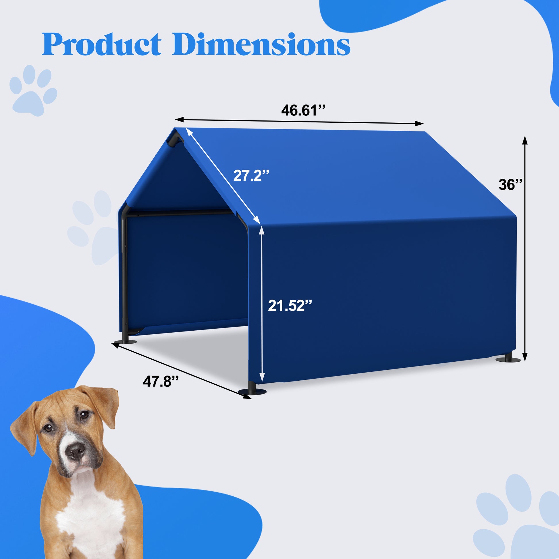 Wefulfil Outdoor Waterproof Dog Shade in blue with metal frame and product dimensions shown