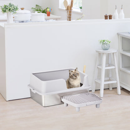 Wefulfil Cat Litter Box with Scoop stainless base high side walls detachable top and textured litter mat in modern kitchen