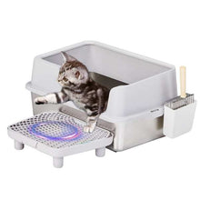 Wefulfil Cat Litter Box with Scoop gray high sided litter tray with paw cleaning mat with kitten and wooden handled scoop