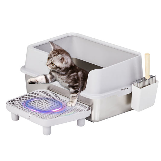 Wefulfil Cat Litter Box with Scoop gray high sided litter tray with paw cleaning mat with kitten and wooden handled scoop