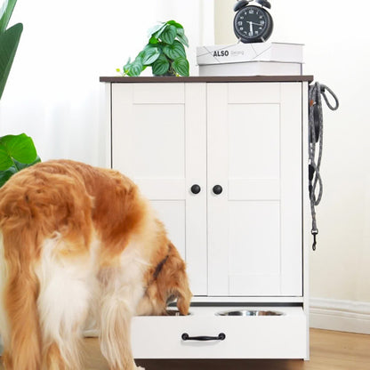 Wefulfil adjustable dog feeding station white cabinet with pullout drawer and stainless bowls being used by a golden retriever