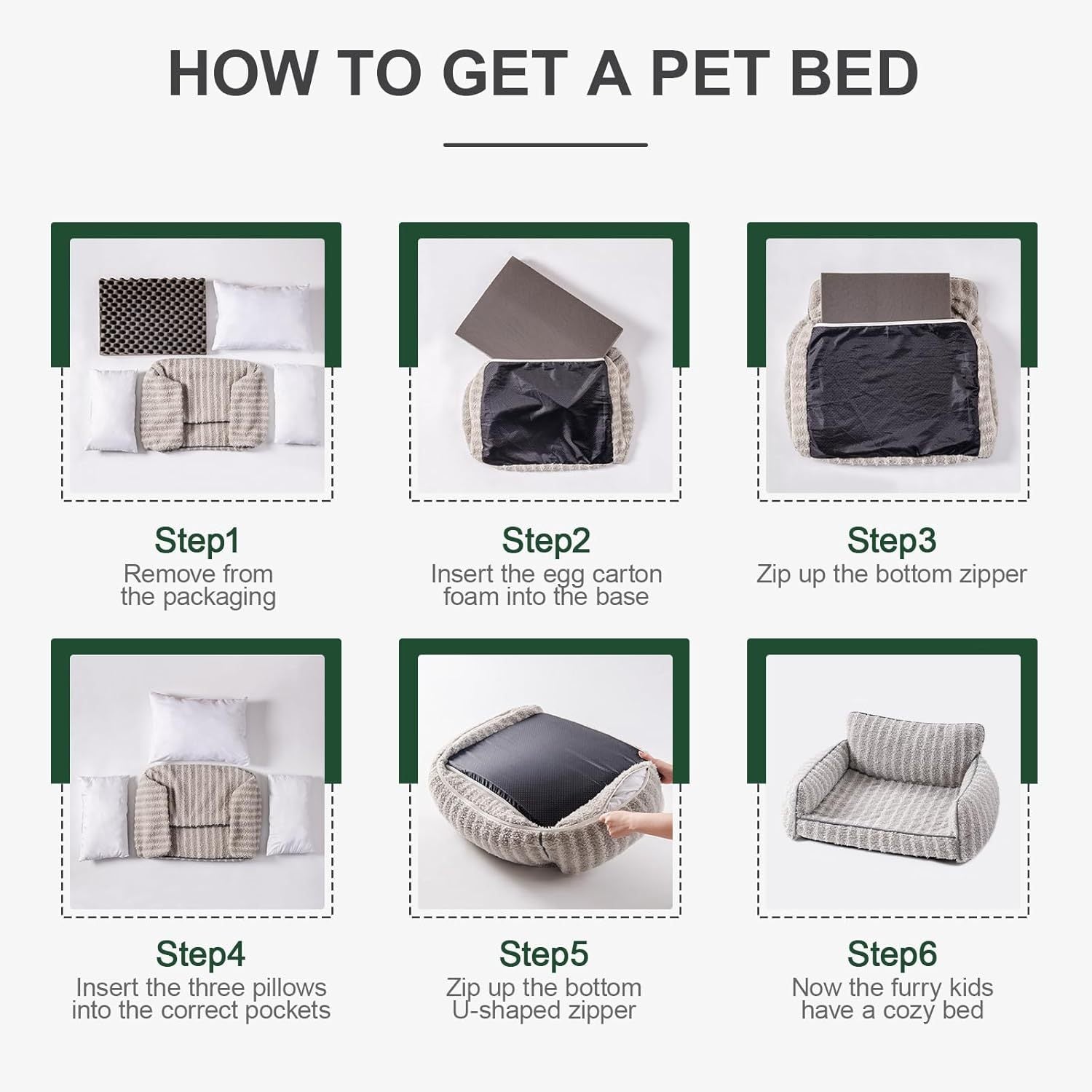 Wefulfil Orthopedic Pet Sofa assembly infographic showing six steps inserting foam and pillows zipping cover to form cozy bed