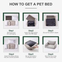 Wefulfil Orthopedic Pet Sofa assembly infographic showing six steps inserting foam and pillows zipping cover to form cozy bed