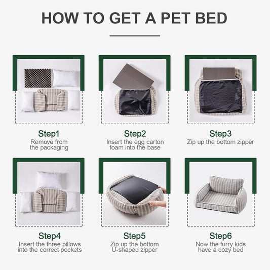 Wefulfil Orthopedic Pet Sofa assembly infographic showing six steps inserting foam and pillows zipping cover to form cozy bed