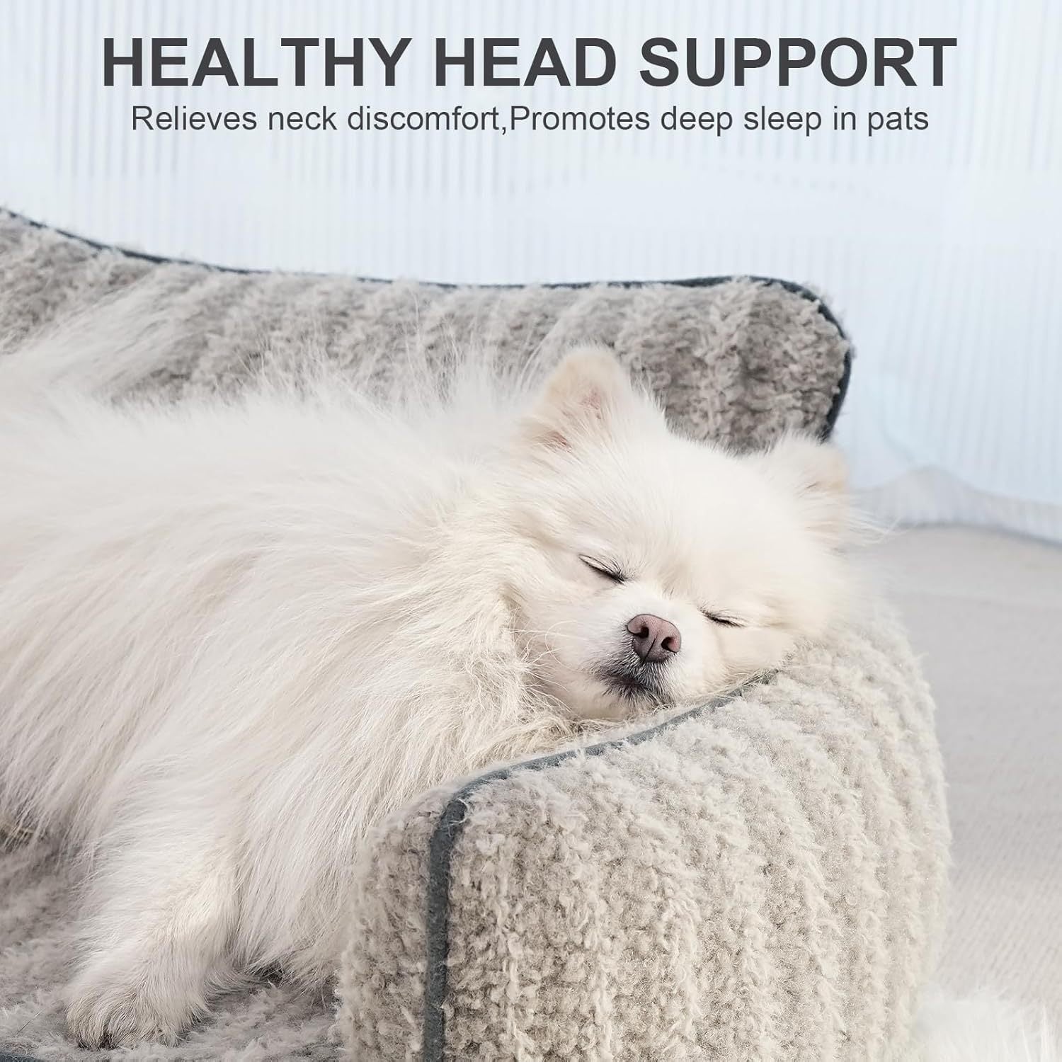Wefulfil Orthopedic Pet Sofa plush gray sherpa bed with raised bolster for head support sleeping dog