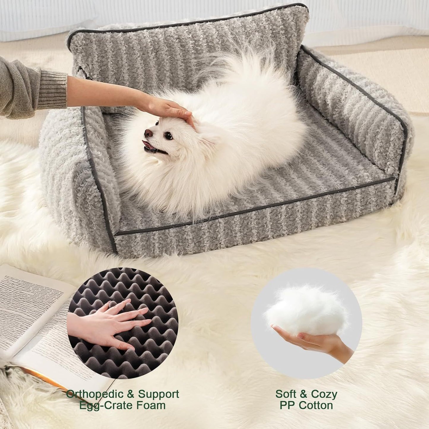 Wefulfil Orthopedic Pet Sofa gray plush bed with raised bolsters and white fluffy dog being petted