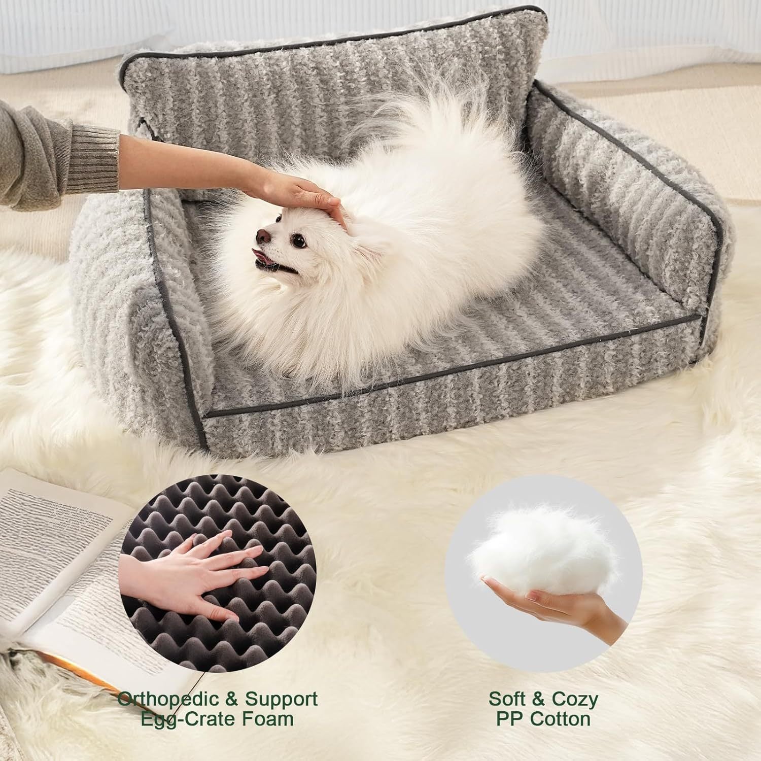 Wefulfil Orthopedic Pet Sofa gray plush bed with raised bolsters and white fluffy dog being petted