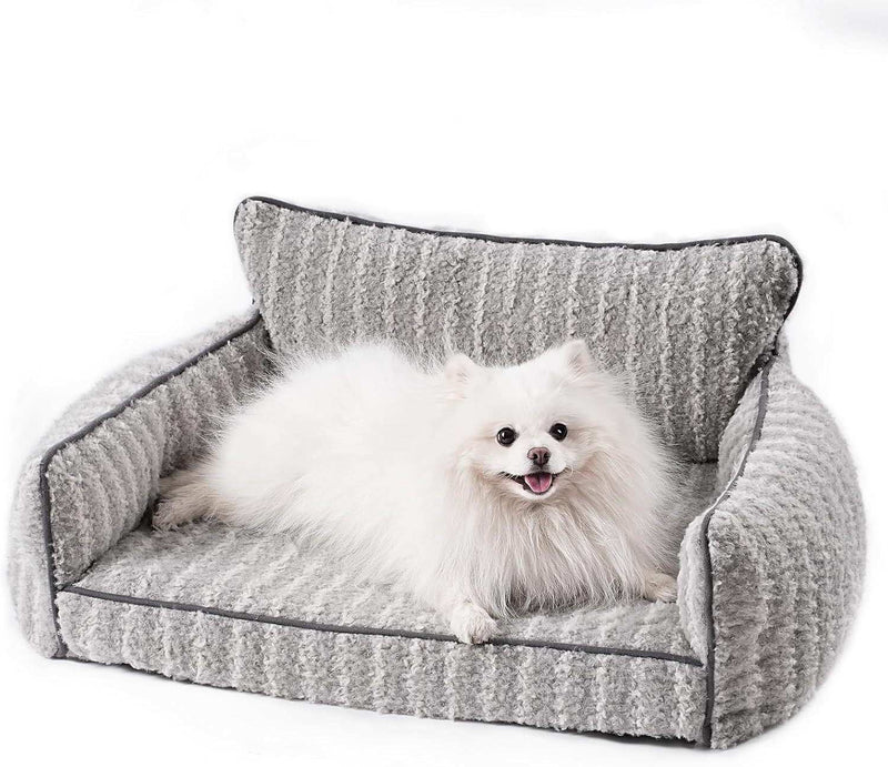 Wefulfil Orthopedic Pet Sofa in gray plush with raised bolsters and backrest small white Pomeranian lounging