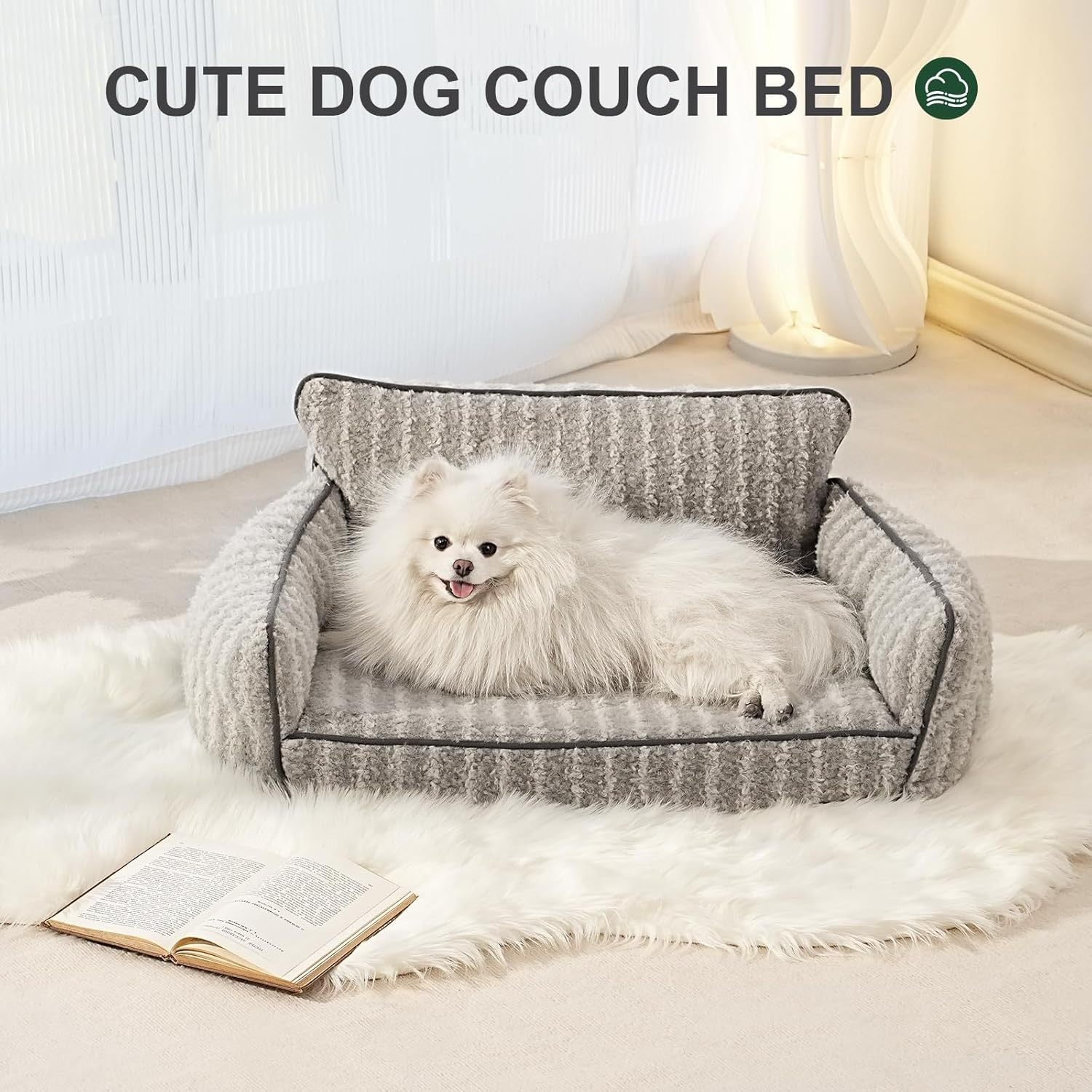 Wefulfil Orthopedic Pet Sofa gray plush dog couch bed with small white Pomeranian on rug