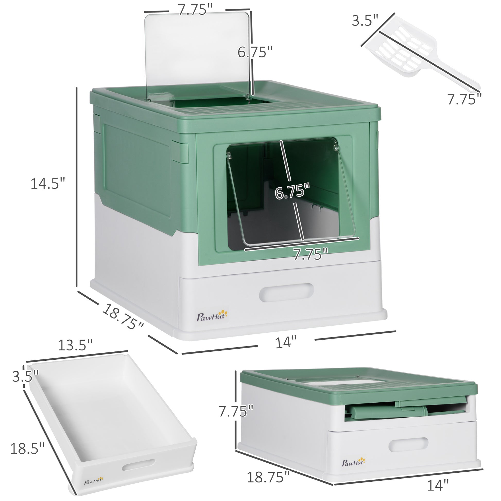 Wefulfil fully enclosed cat litter box green and white with front swing door top hatch and pull out tray