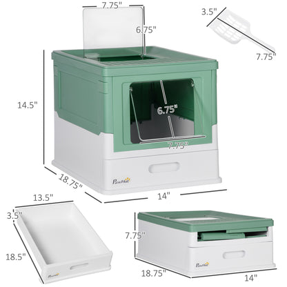 Wefulfil fully enclosed cat litter box green and white with front swing door top hatch and pull out tray