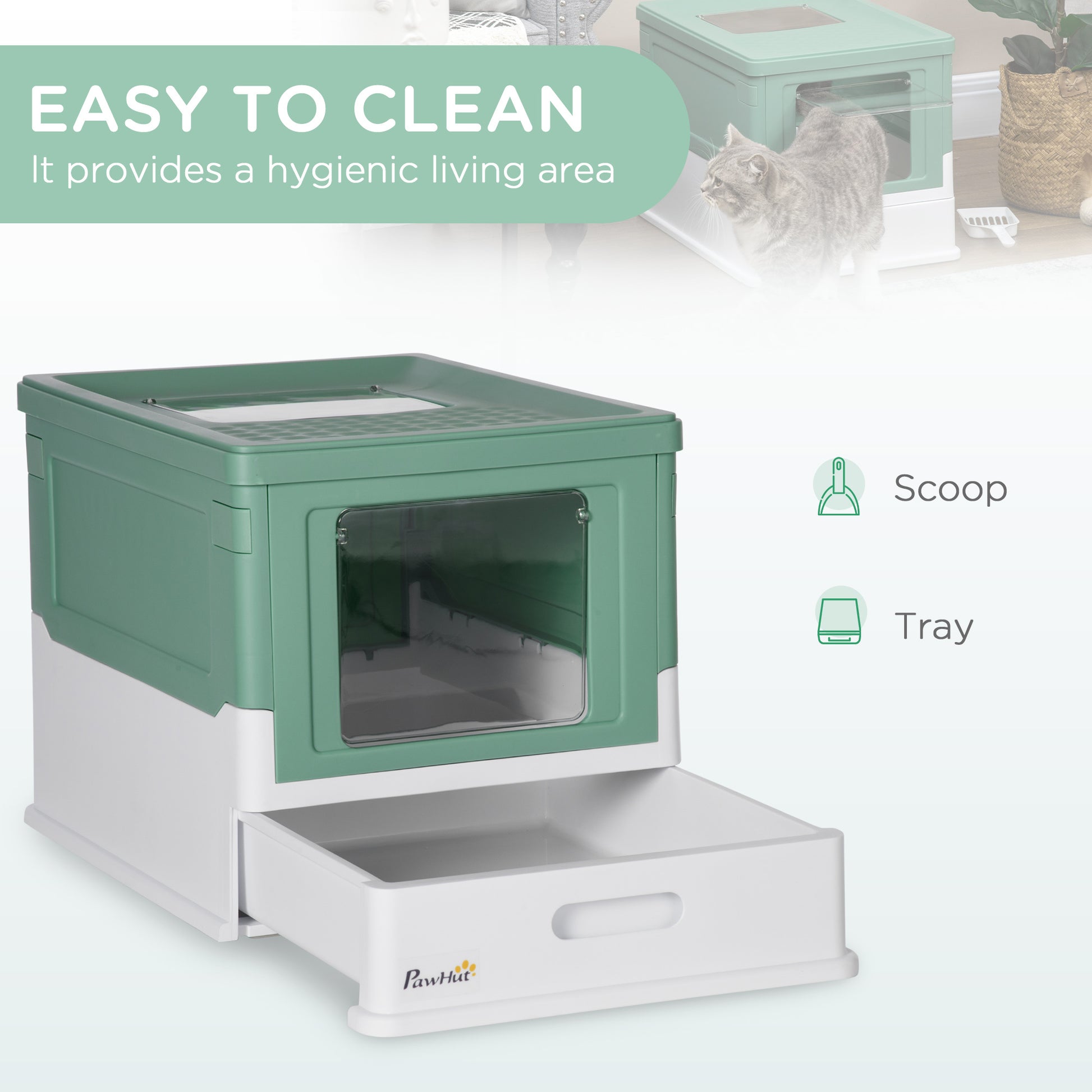 Wefulfil fully enclosed cat litter box green and white with clear front door removable top and pull out cleaning tray