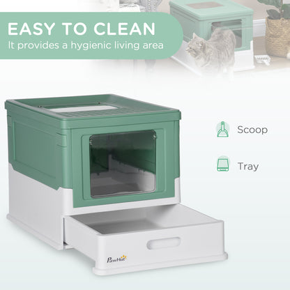 Wefulfil fully enclosed cat litter box green and white with clear front door removable top and pull out cleaning tray