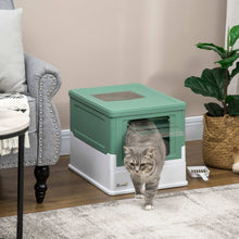 Wefulfil fully enclosed cat litter box in green and white with clear flap door and gray tabby cat exiting
