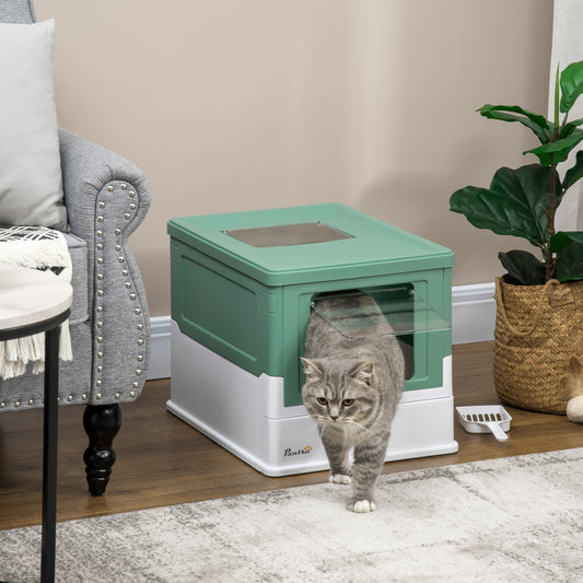 Wefulfil fully enclosed cat litter box in green and white with clear flap door and gray tabby cat exiting