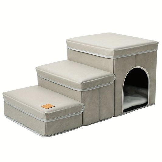 Wefulfil foldable dog stairs with storage beige three step pet stairs with cushioned cubby den and removable tops