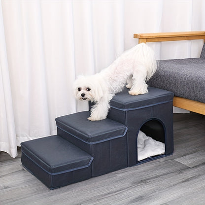 Wefulfil foldable dog stairs with storage navy fabric three step stairs with hideaway cubby and small white dog