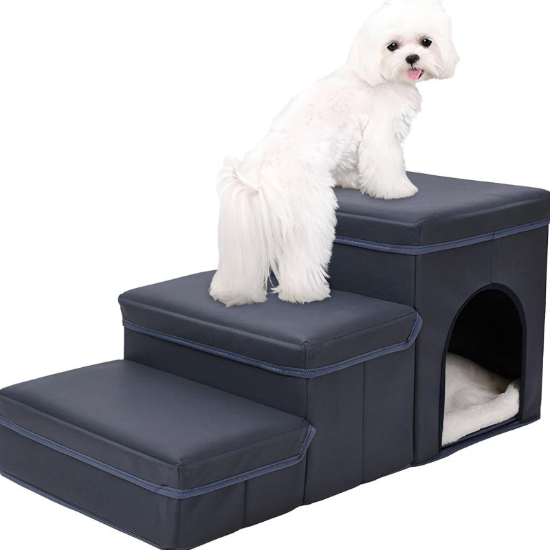 Wefulfil foldable dog stairs with storage navy three step stairs with hidden cubby bed and cushion