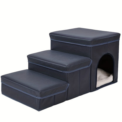 Wefulfil foldable dog stairs with storage featuring three cushioned steps and side pet cubby