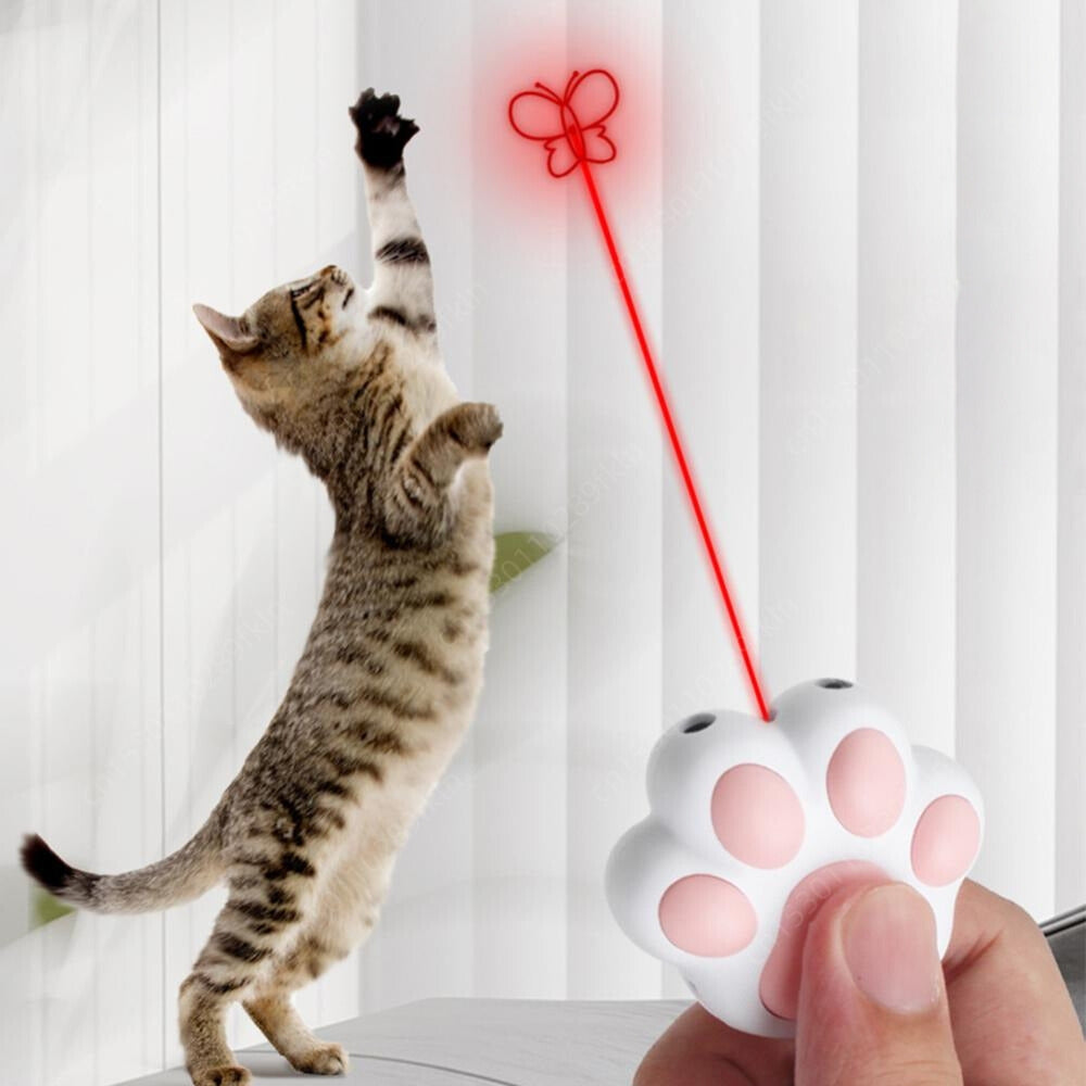 Purrfect Pet Haven Interactive Cat Toy paw shaped laser pointer projecting red butterfly dot as cat jumps