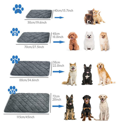 Purrfect Pet Haven Self Heating Pet Pad size chart showing four pad sizes and matching small to large dogs and cats