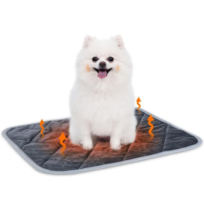 Purrfect Pet Haven Self Heating Pet Pad gray quilted mat with small white Pomeranian dog and heat indicators