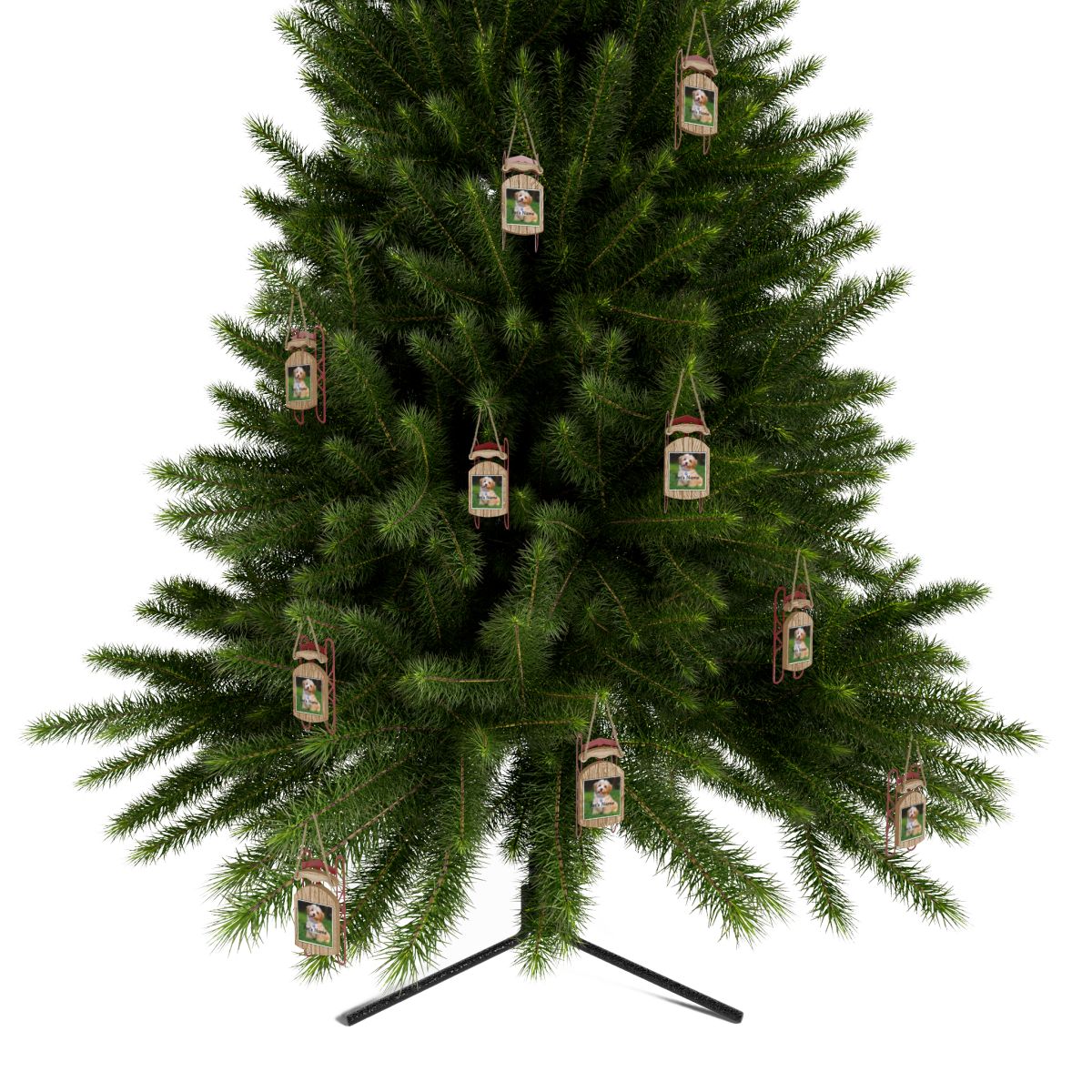 Christmas tree with multiple Personalized Pet Sled Ornaments wooden custom photo sled decorations for pet lovers