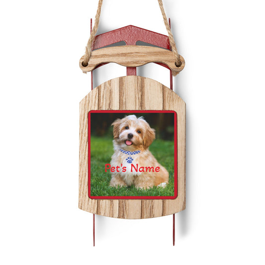 Personalized Pet Sled Ornaments wooden sled ornament with rope hanger showing small dog photo and name