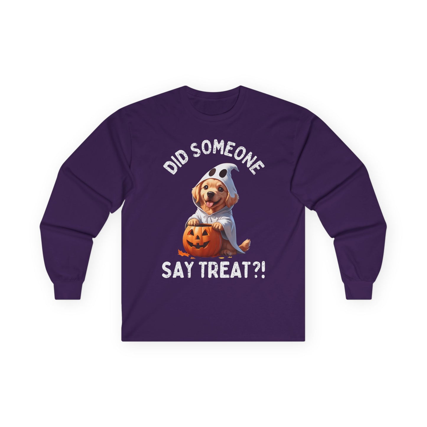 Printify long sleeve purple Pet Lover Shirt with cute dog in ghost costume holding jack o lantern and Say Treat text