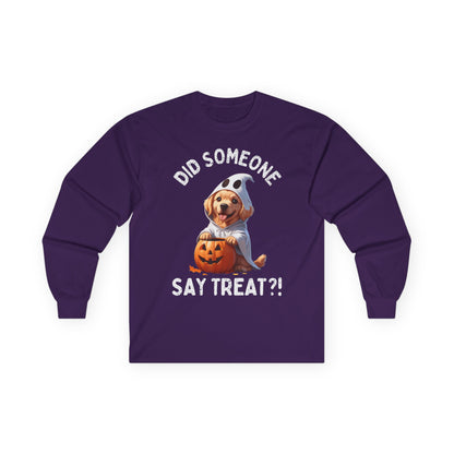 Printify long sleeve purple Pet Lover Shirt with cute dog in ghost costume holding jack o lantern and Say Treat text