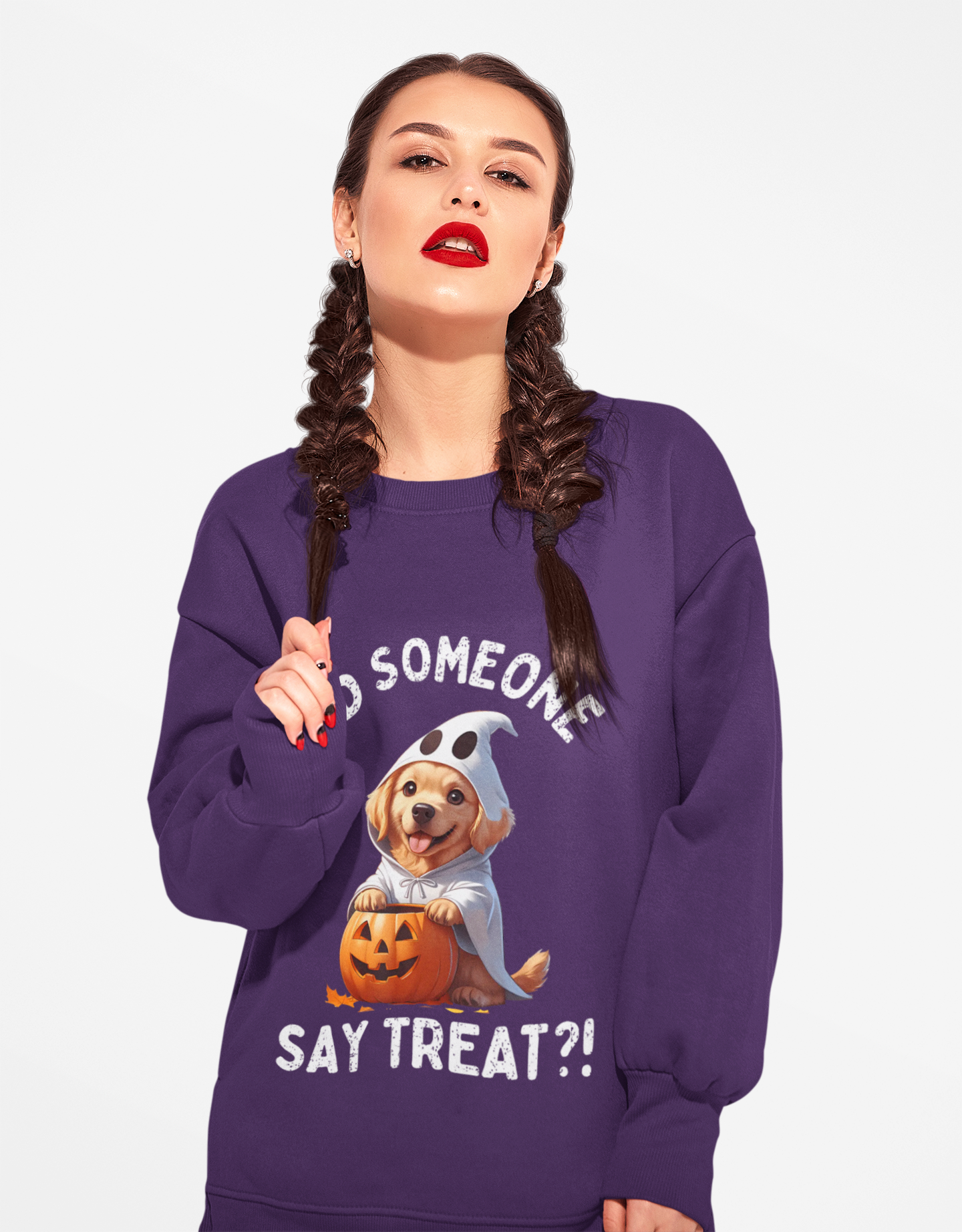 Printify long sleeve Pet Lover Shirt purple sweatshirt with Halloween puppy ghost costume and pumpkin graphic