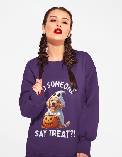 Printify long sleeve Pet Lover Shirt purple sweatshirt with Halloween puppy ghost costume and pumpkin graphic
