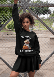 Printify black long sleeve with cute dog holding pumpkin graphic and text Did someone say treat Pet Lover Shirt
