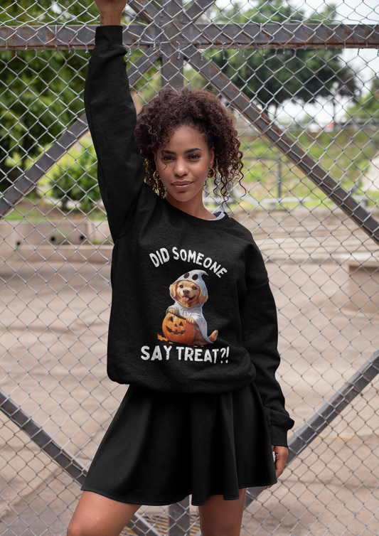 Printify black long sleeve with cute dog holding pumpkin graphic and text Did someone say treat Pet Lover Shirt