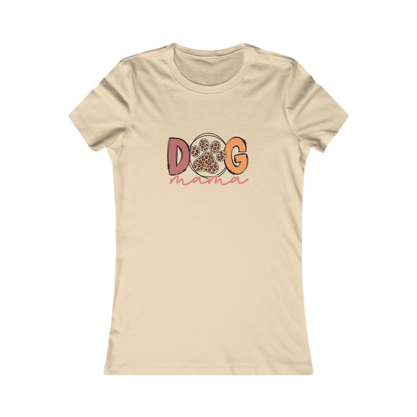 Printify women fitted beige tee with Dog Mama Tee design featuring paw print O and script