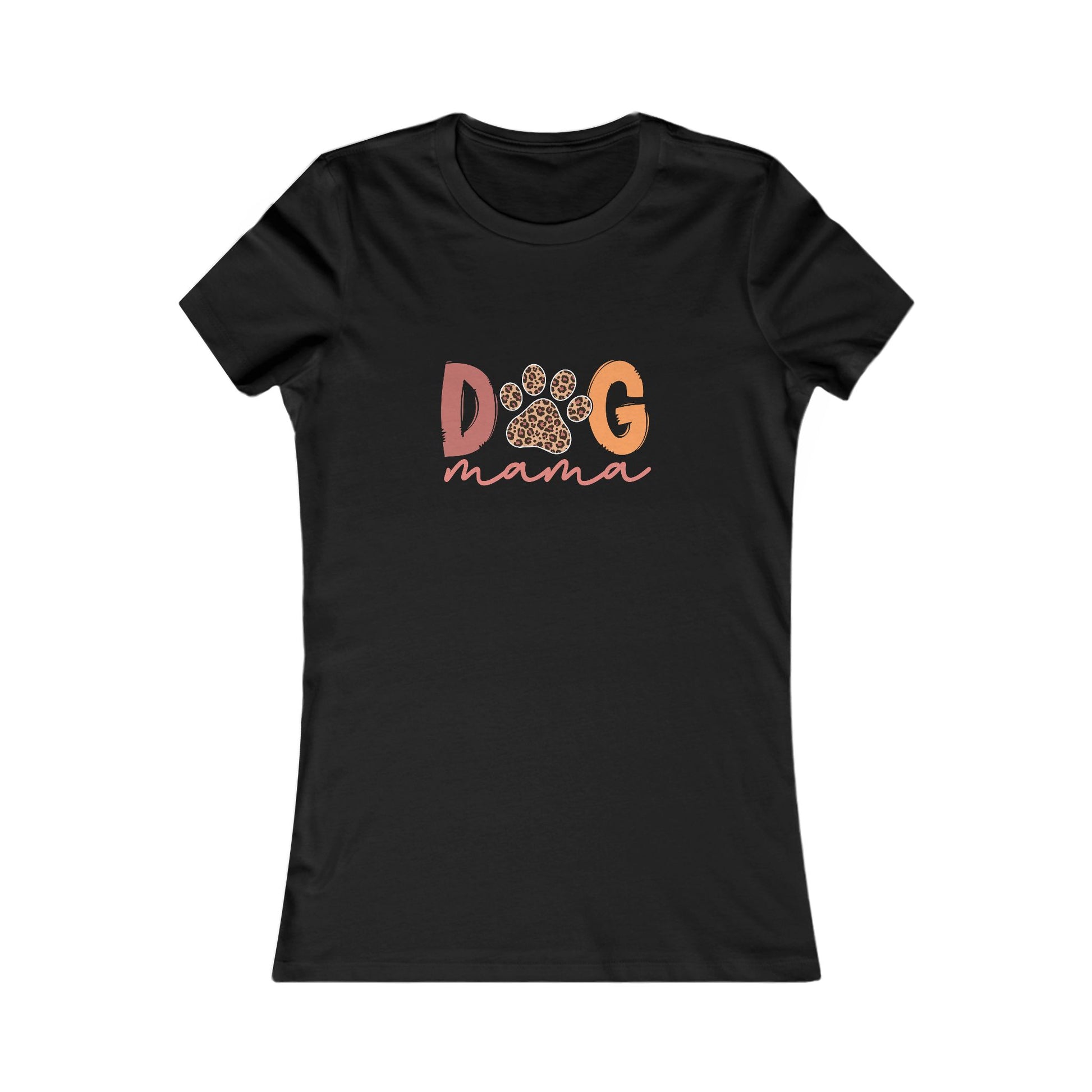 Printify black fitted womens t shirt with Dog Mama Tee design featuring leopard paw and script
